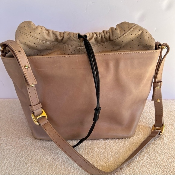 VIA REPUBBLICA LEATHER DRAWSTRING NEUTRAL SHOULDER HOBO BAG EUC - Picture 1 of 12